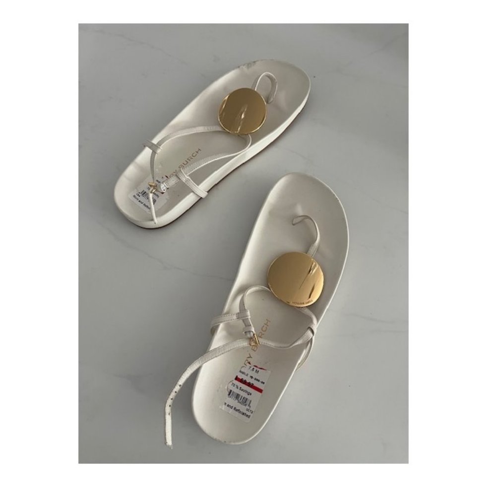 Tory Burch Patos Gold Tone Medallion Leather Thong Sandals